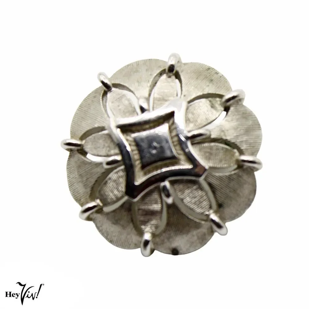 Vintage Trifari Silver Tone Clip-On Earrings Floral Geometric Design 1